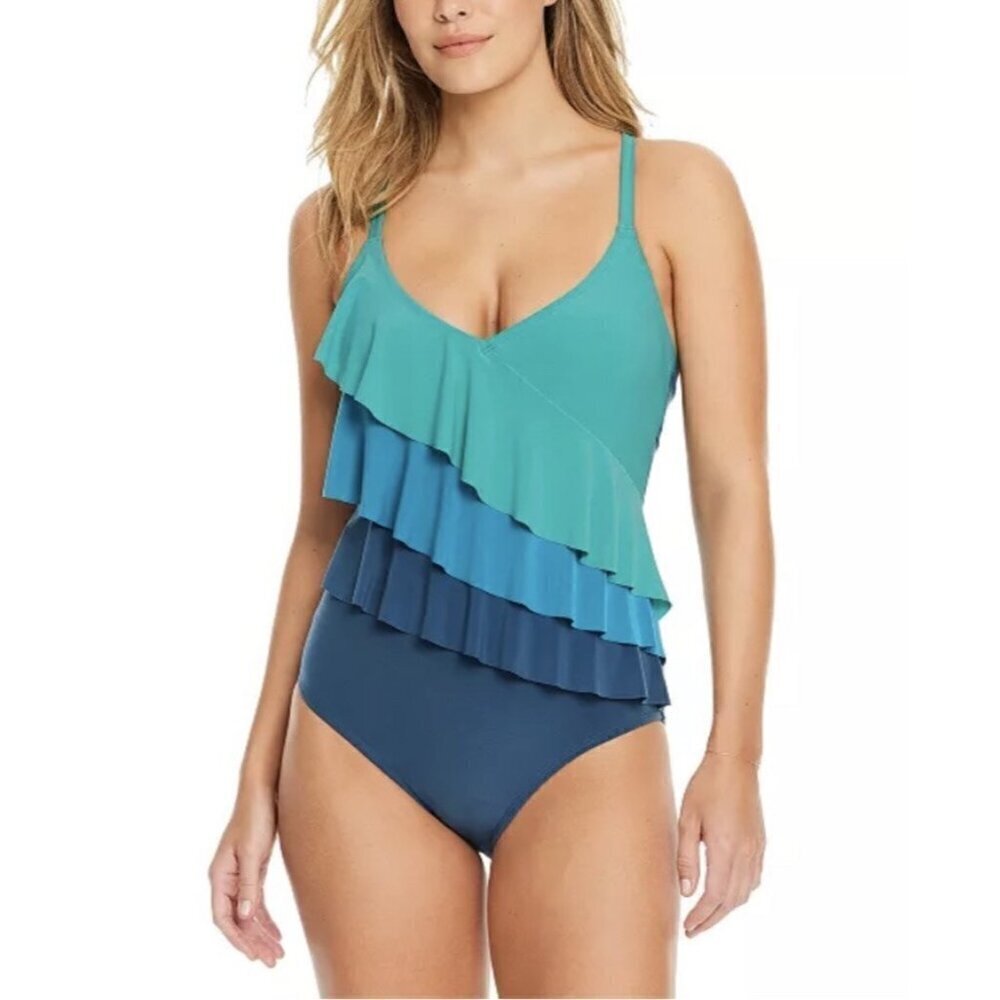 Beyond Control Womens Size 10 Teal Ruffle Tiered Color Block One-Piece Swimsuit